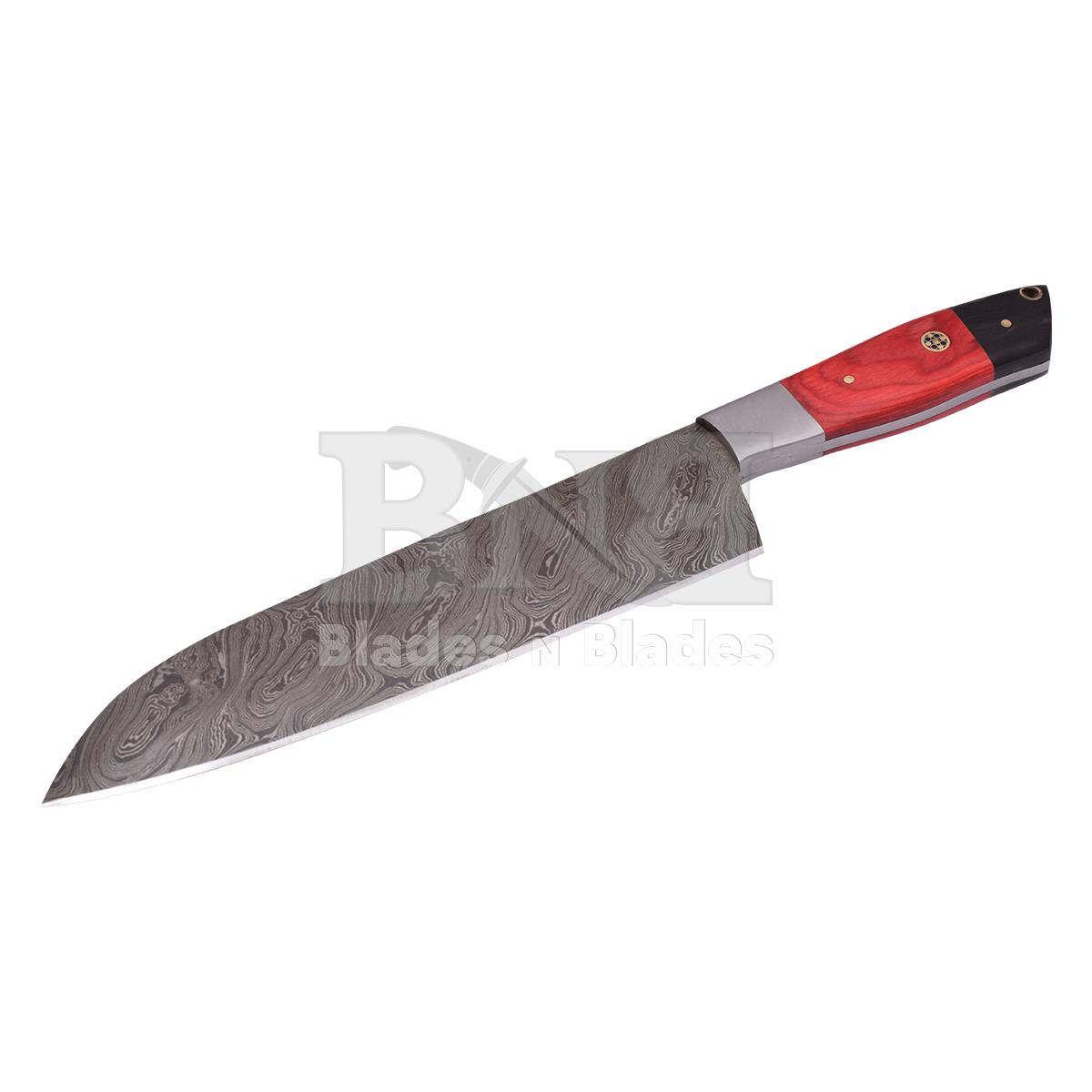 Twist Blade Pattern steel boster
Red pakka wood and black micrta
handle with brass pins and mosic pin