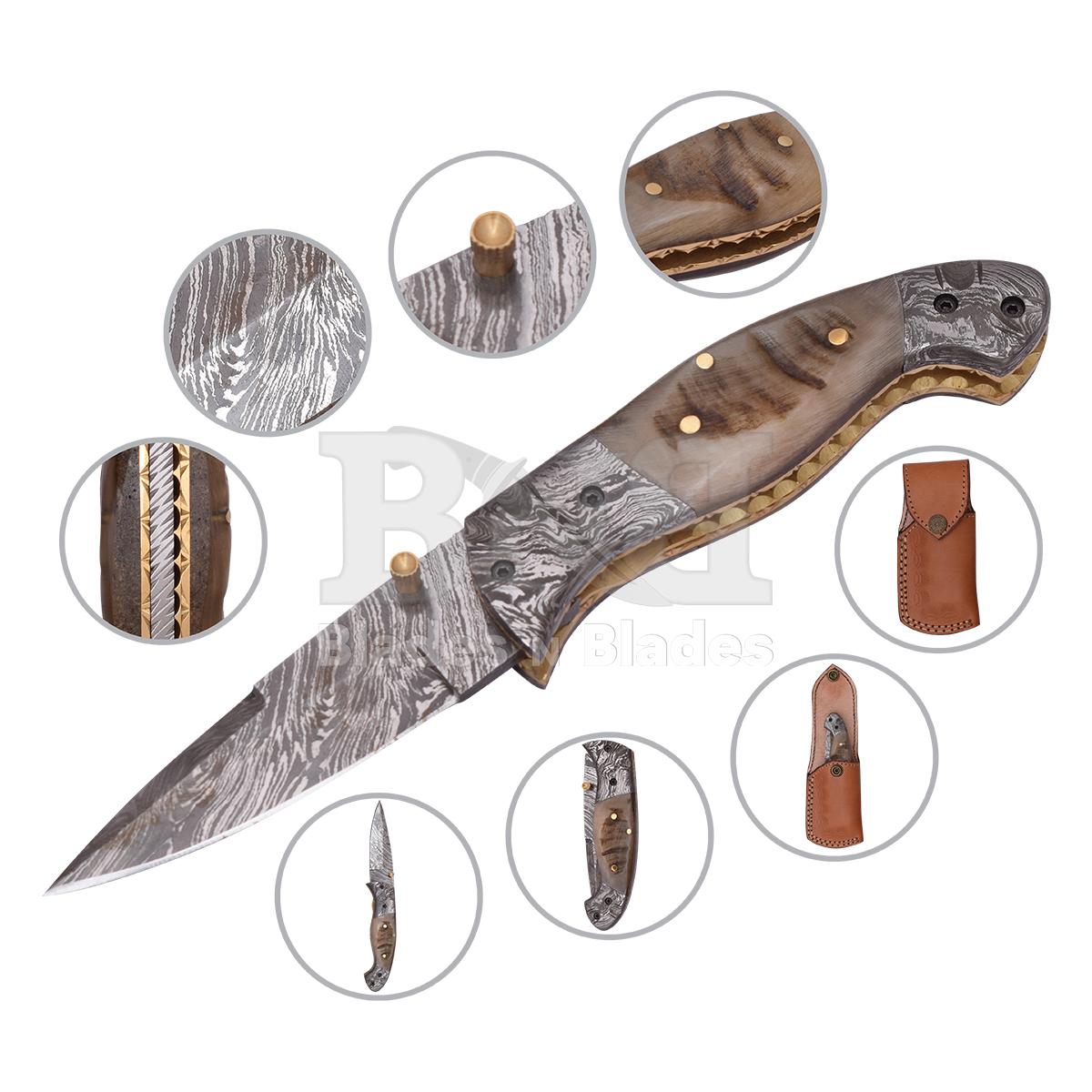 Fire Pattern
Ram horn handle with brass pin
Damascus steel bester