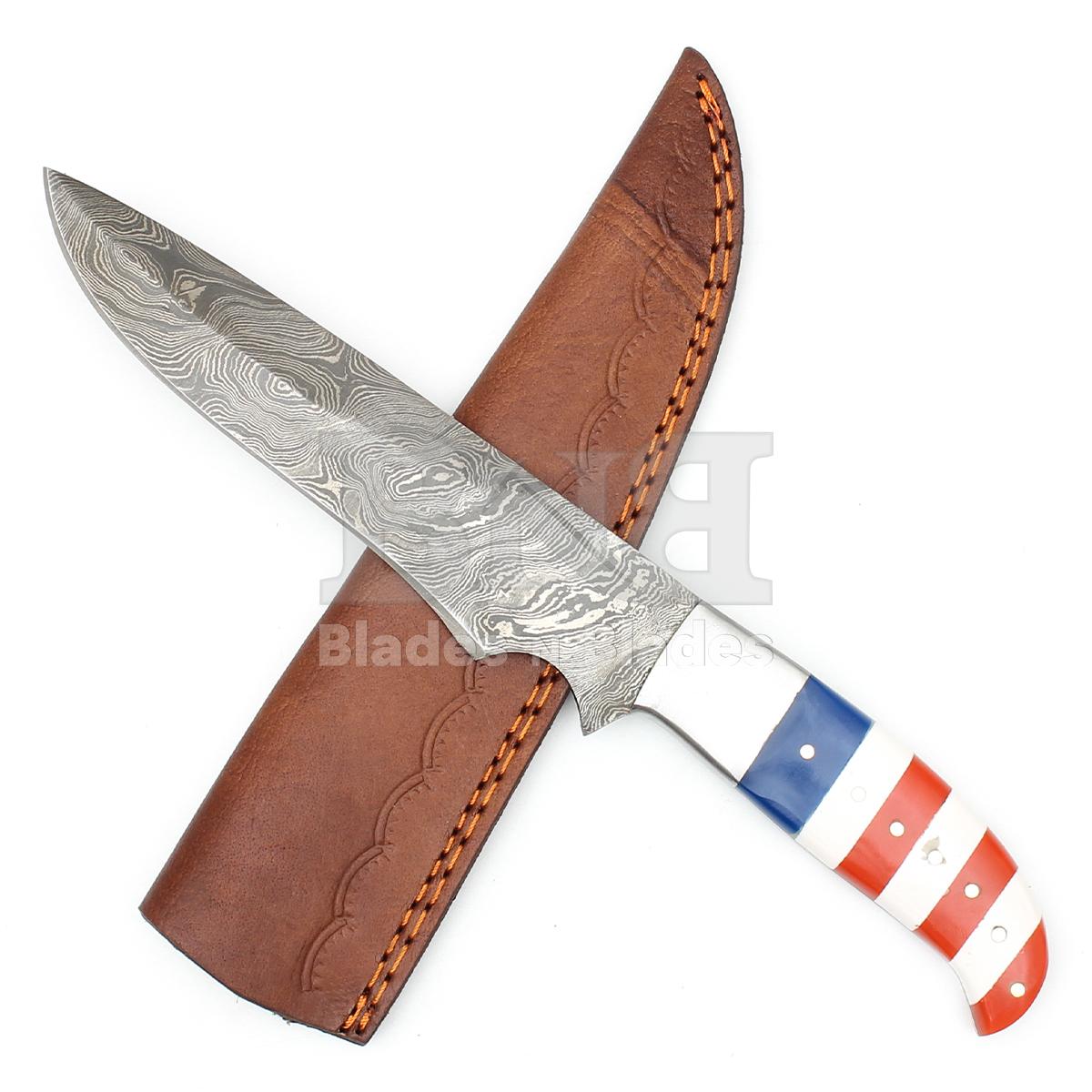 Twist Pattern Blade
with Steel Bolster
Full Tang Blue White and Red Resin Handle